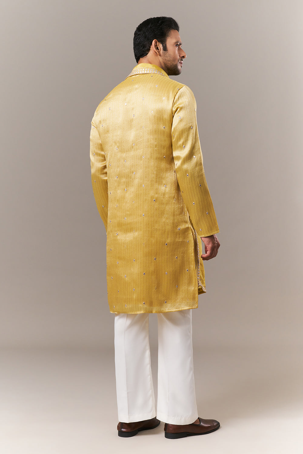 Light Yellow Brocade Mens Kurta Set with Mirror Work