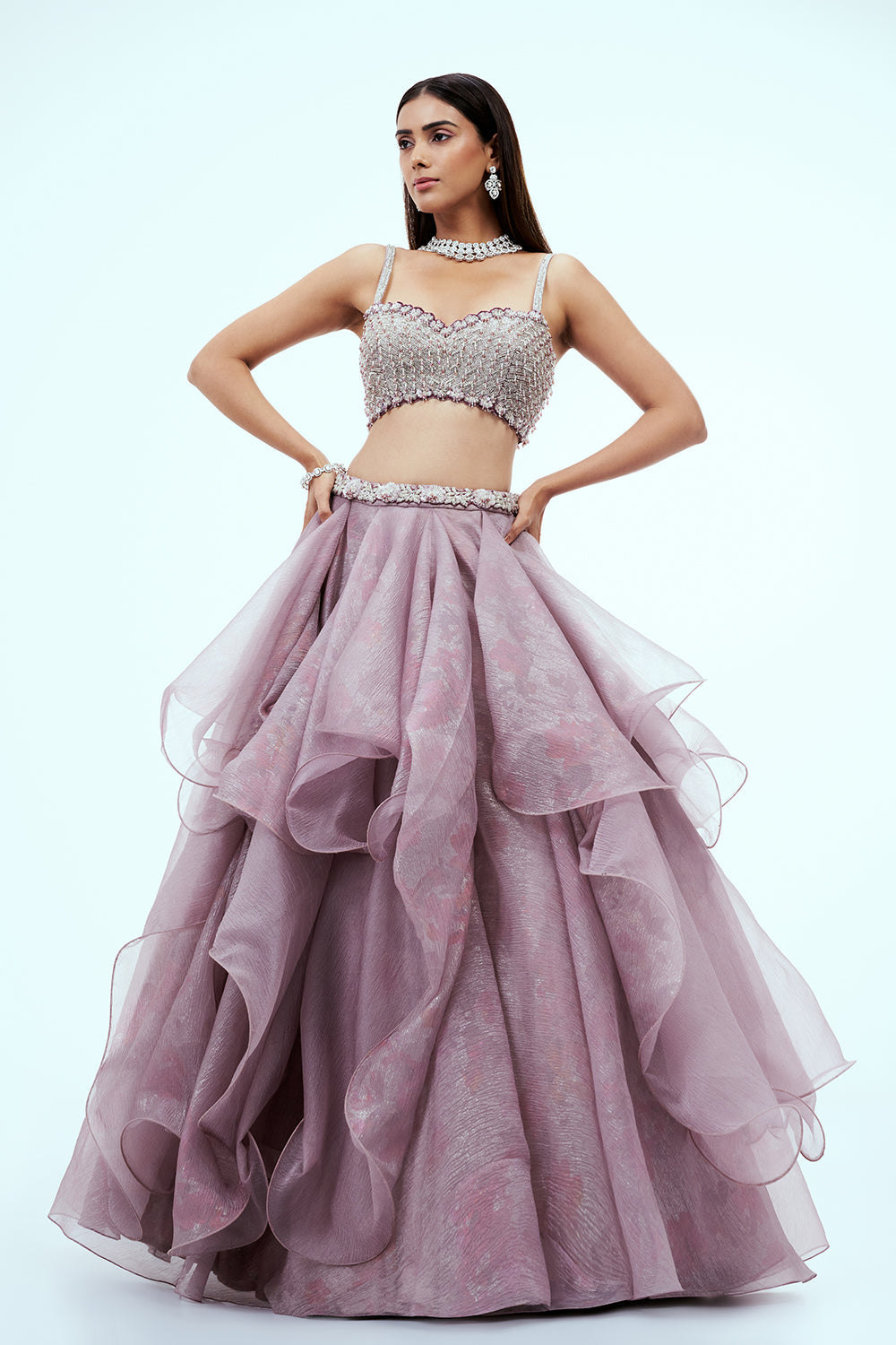 Lilac Crushed Tissue Lehenga with Bead Work