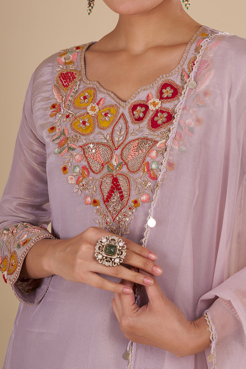 Lilac Silk Blend Kurta Pant Set with Colourful Bead Accents
