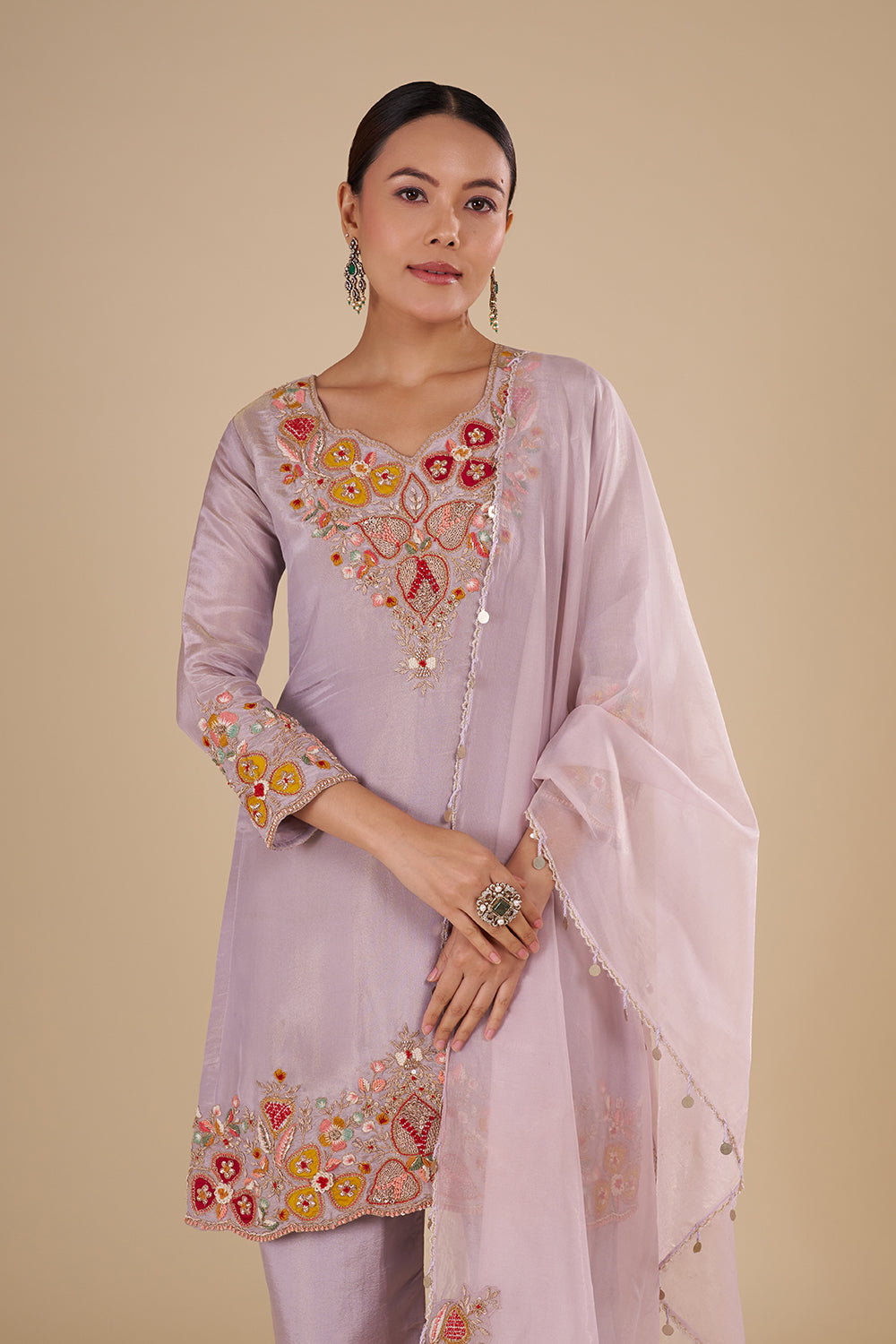Lilac Silk Blend Kurta Pant Set with Colourful Bead Accents