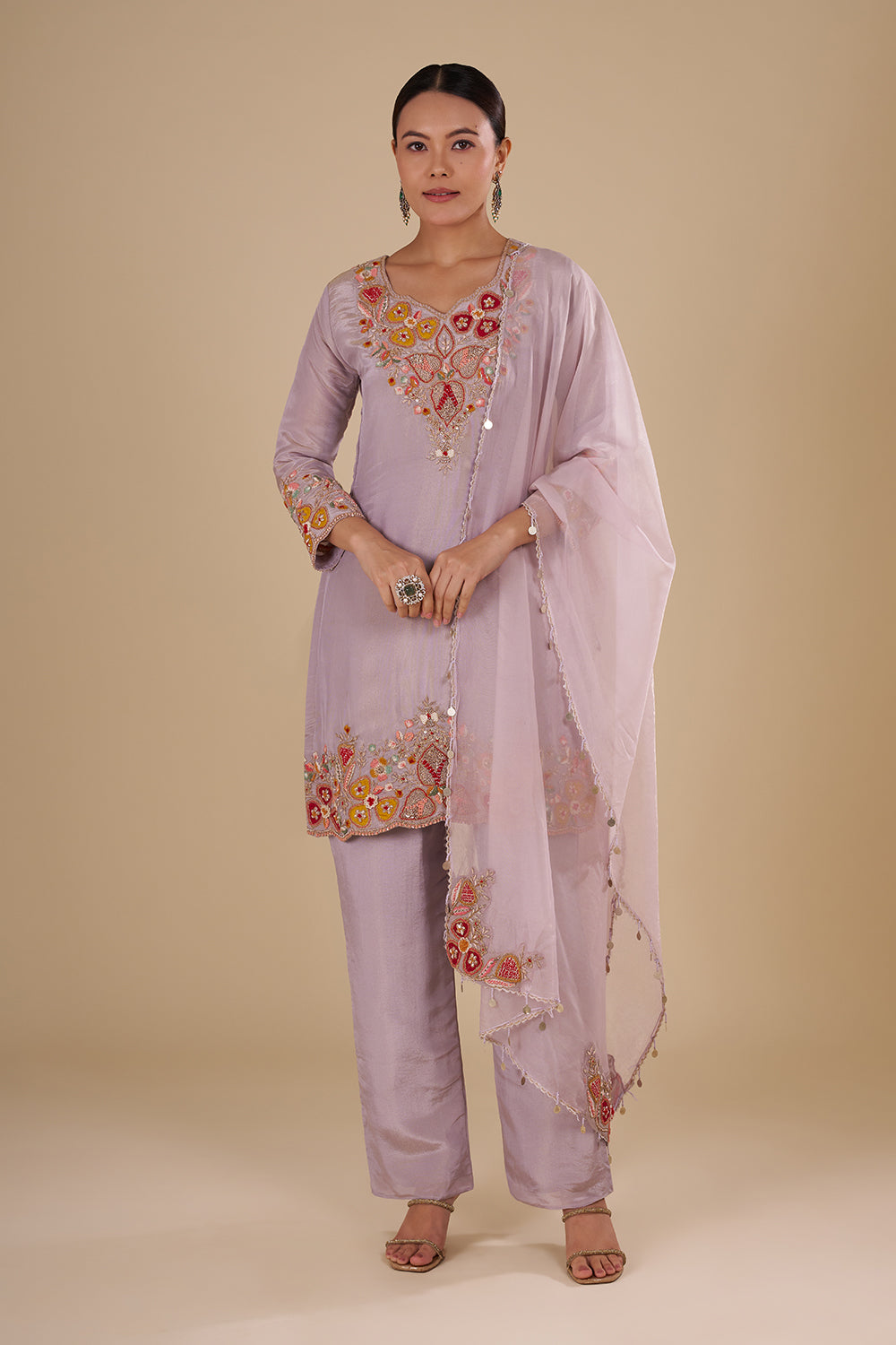 Lilac Silk Blend Kurta Pant Set with Colourful Bead Accents