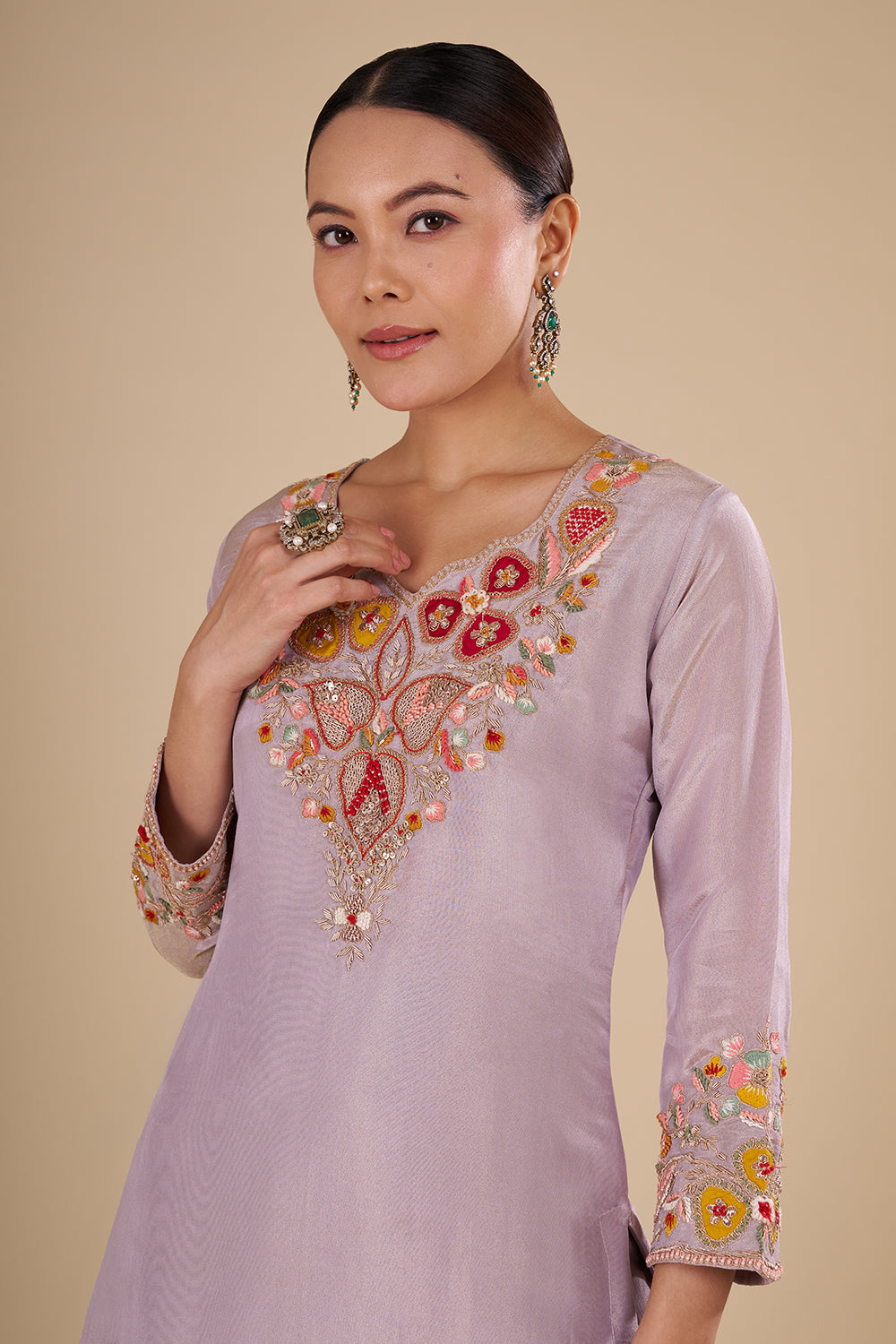 Lilac Silk Blend Kurta Pant Set with Colourful Bead Accents