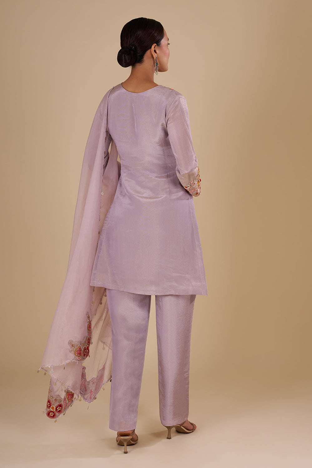 Lilac Silk Blend Kurta Pant Set with Colourful Bead Accents