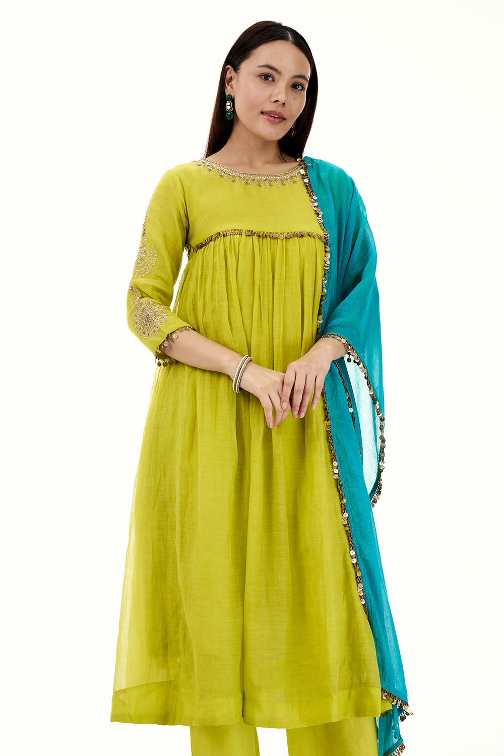 Lime Green Cotton Kurta Set with Sequin Work and Tassels