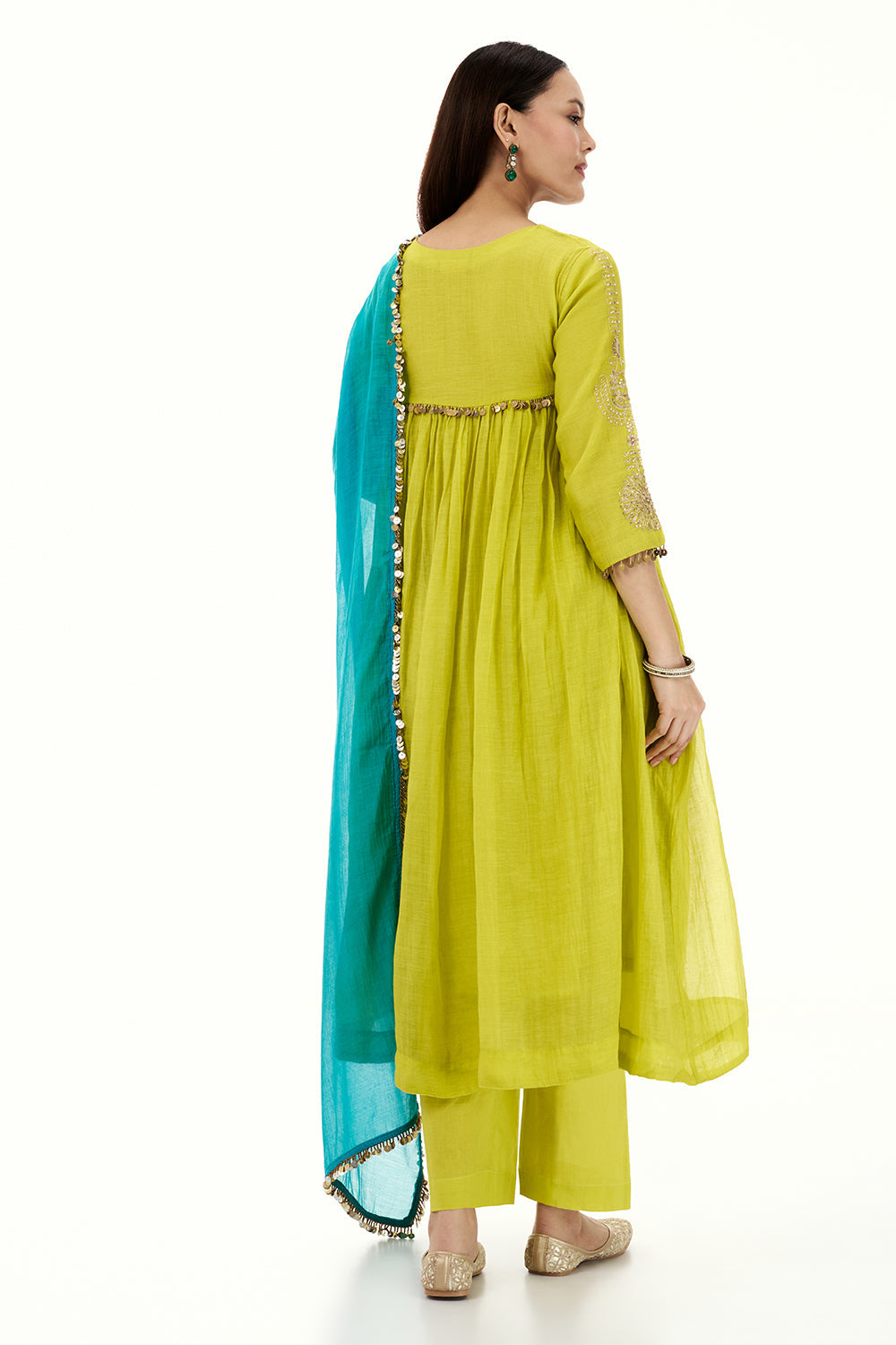 Lime Green Cotton Kurta Set with Sequin Work and Tassels