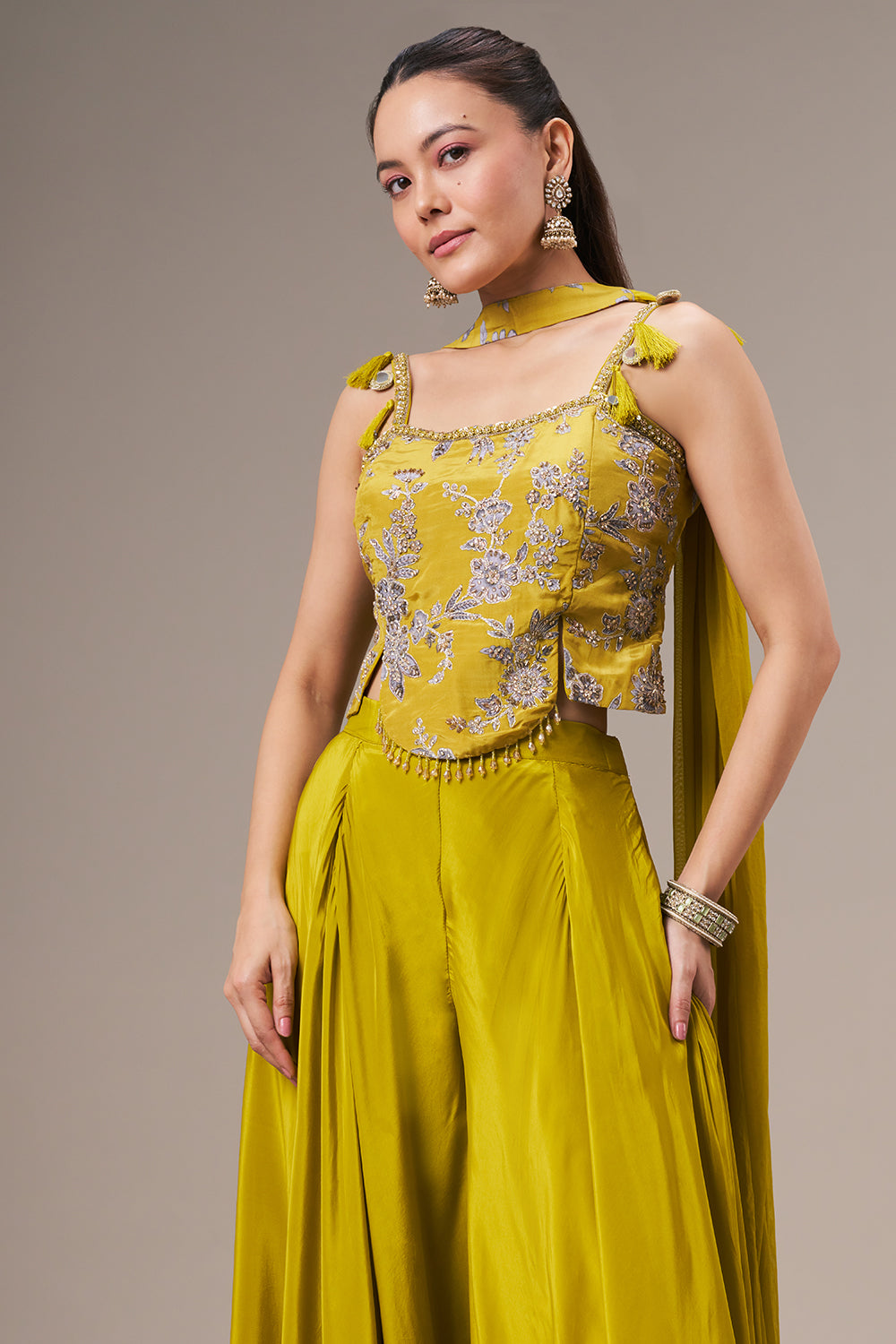 Lime Yellow Crepe Crop Top Set with Zari and Cutdana Work