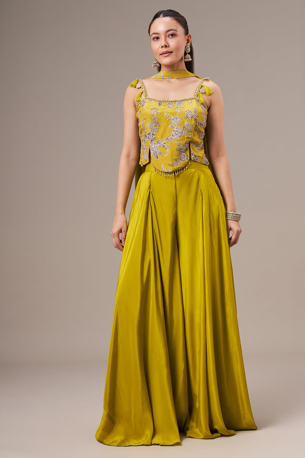 Lime Yellow Crepe Crop Top Set with Zari and Cutdana Work