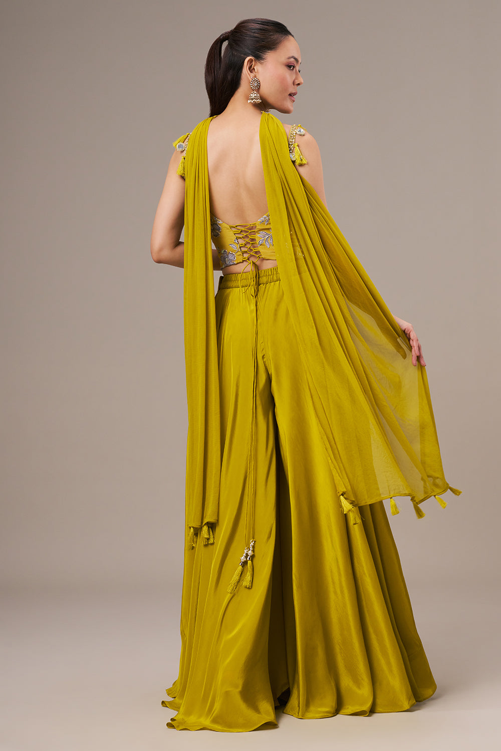 Lime Yellow Crepe Crop Top Set with Zari and Cutdana Work