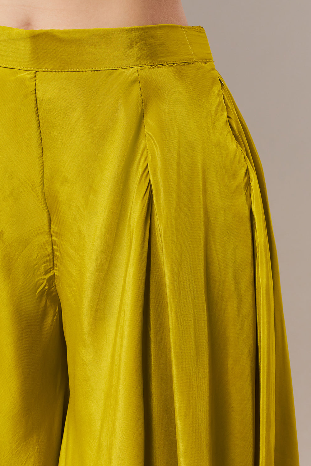 Lime Yellow Crepe Crop Top Set with Zari and Cutdana Work