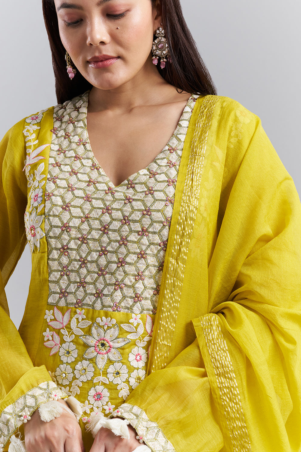 Lime Yellow Embroidered Kurta Pant Set with Dupatta