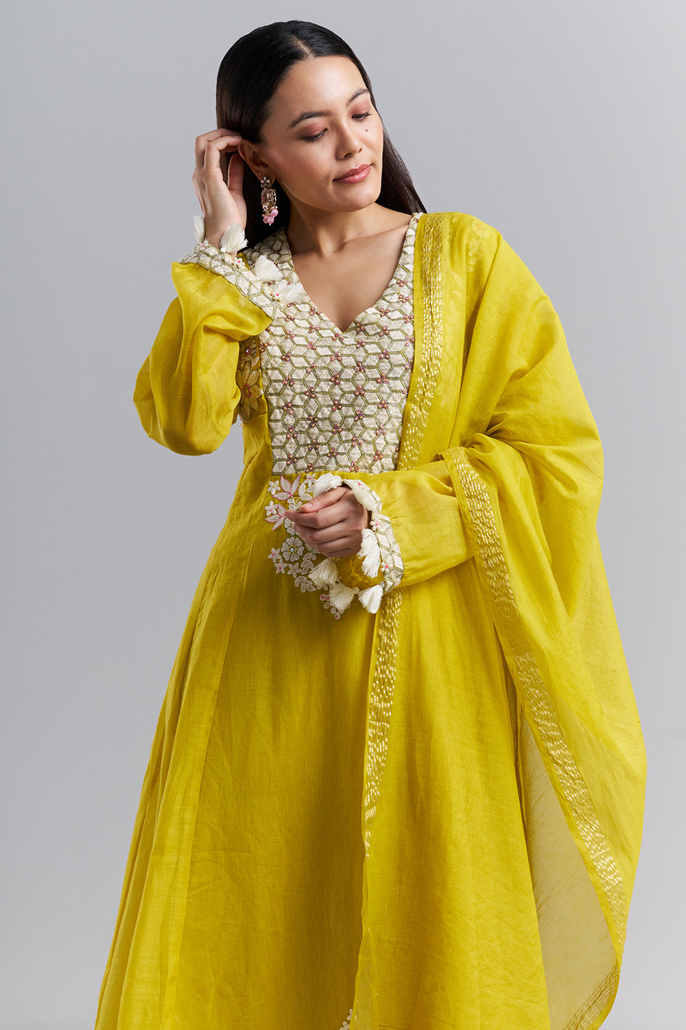 Lime Yellow Embroidered Kurta Pant Set with Dupatta