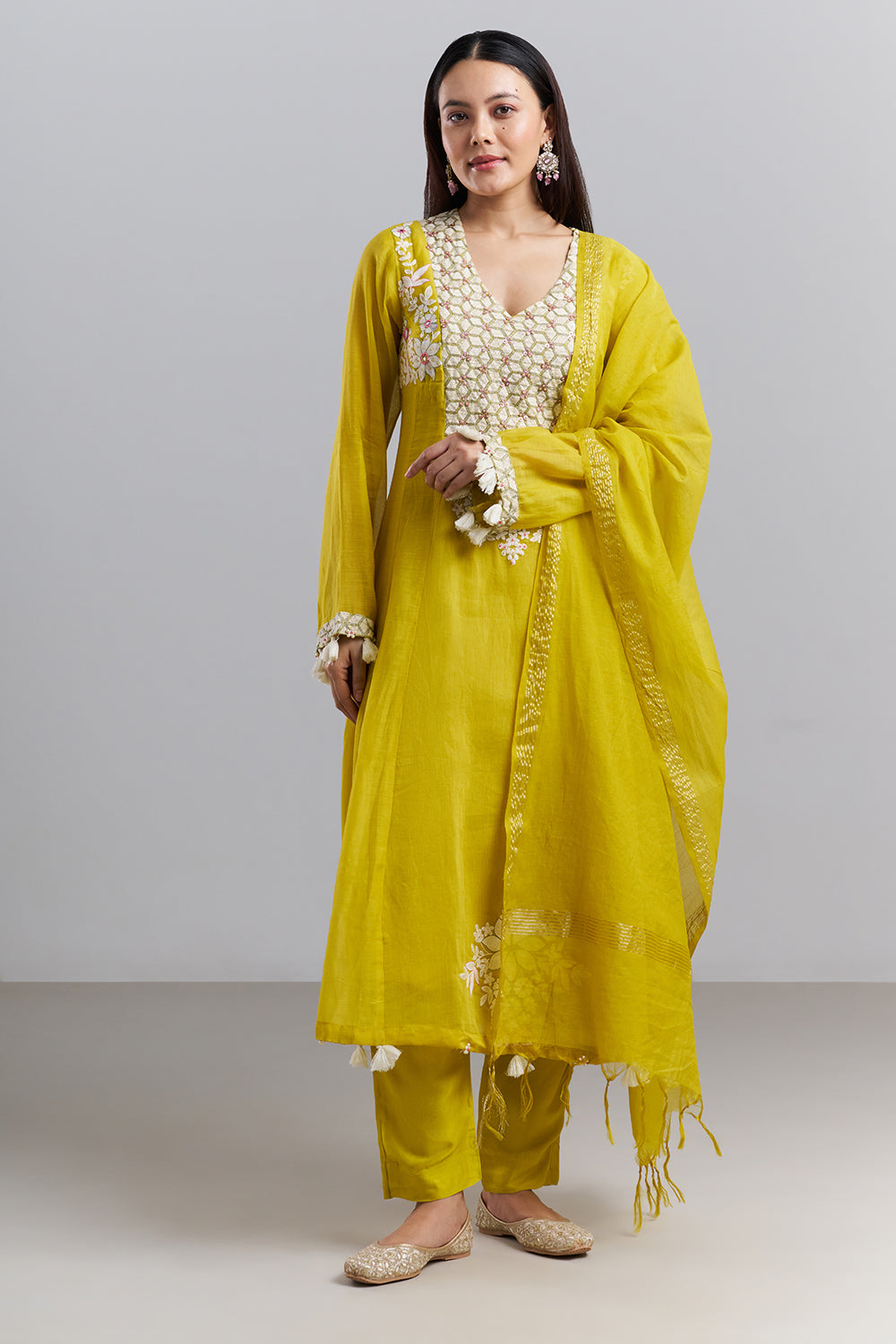 Lime Yellow Embroidered Kurta Pant Set with Dupatta