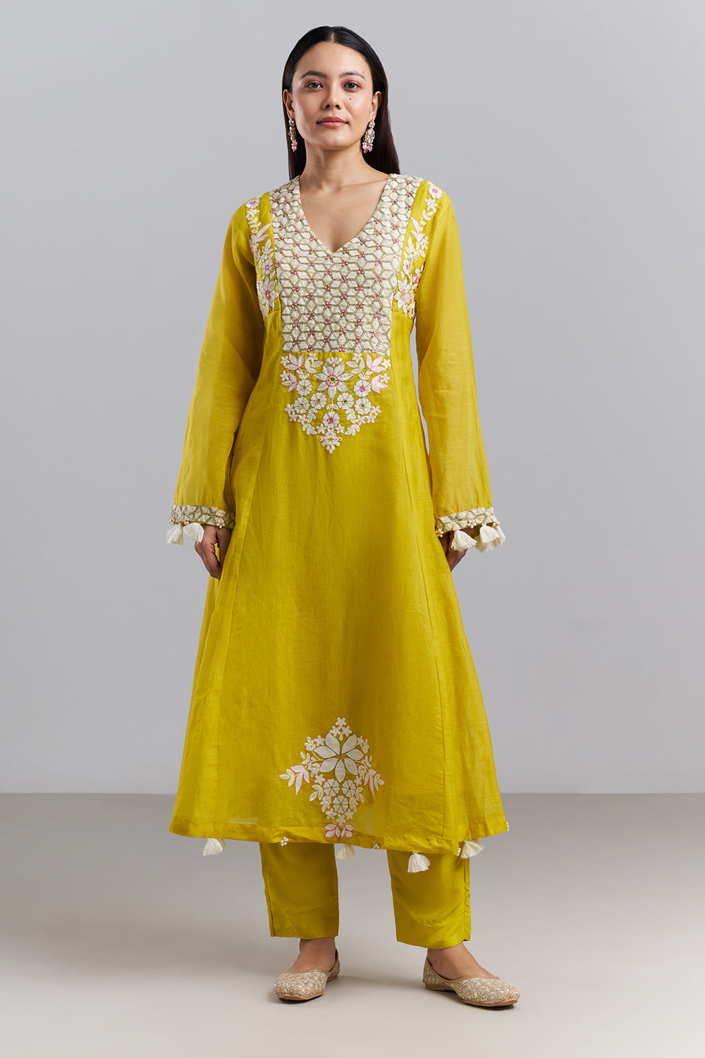 Lime Yellow Embroidered Kurta Pant Set with Dupatta