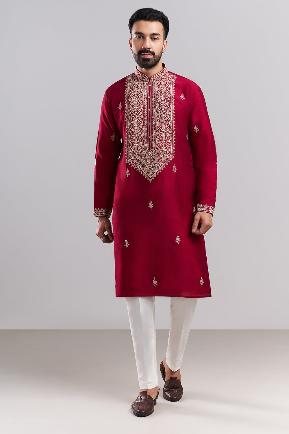 Crimson Red Art Silk Men's Kurta Set with Ornate Front Panel