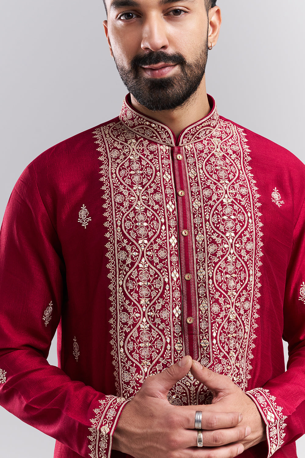Crimson Red Art Silk Men's Kurta Set with Ornate Front Panel