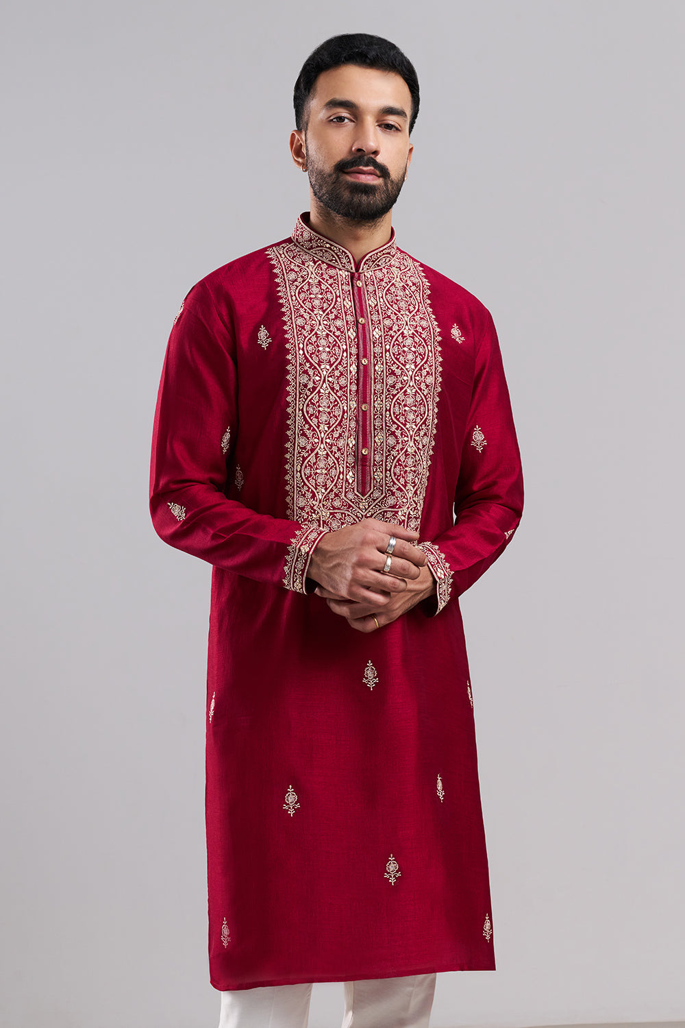 Crimson Red Art Silk Men's Kurta Set with Ornate Front Panel