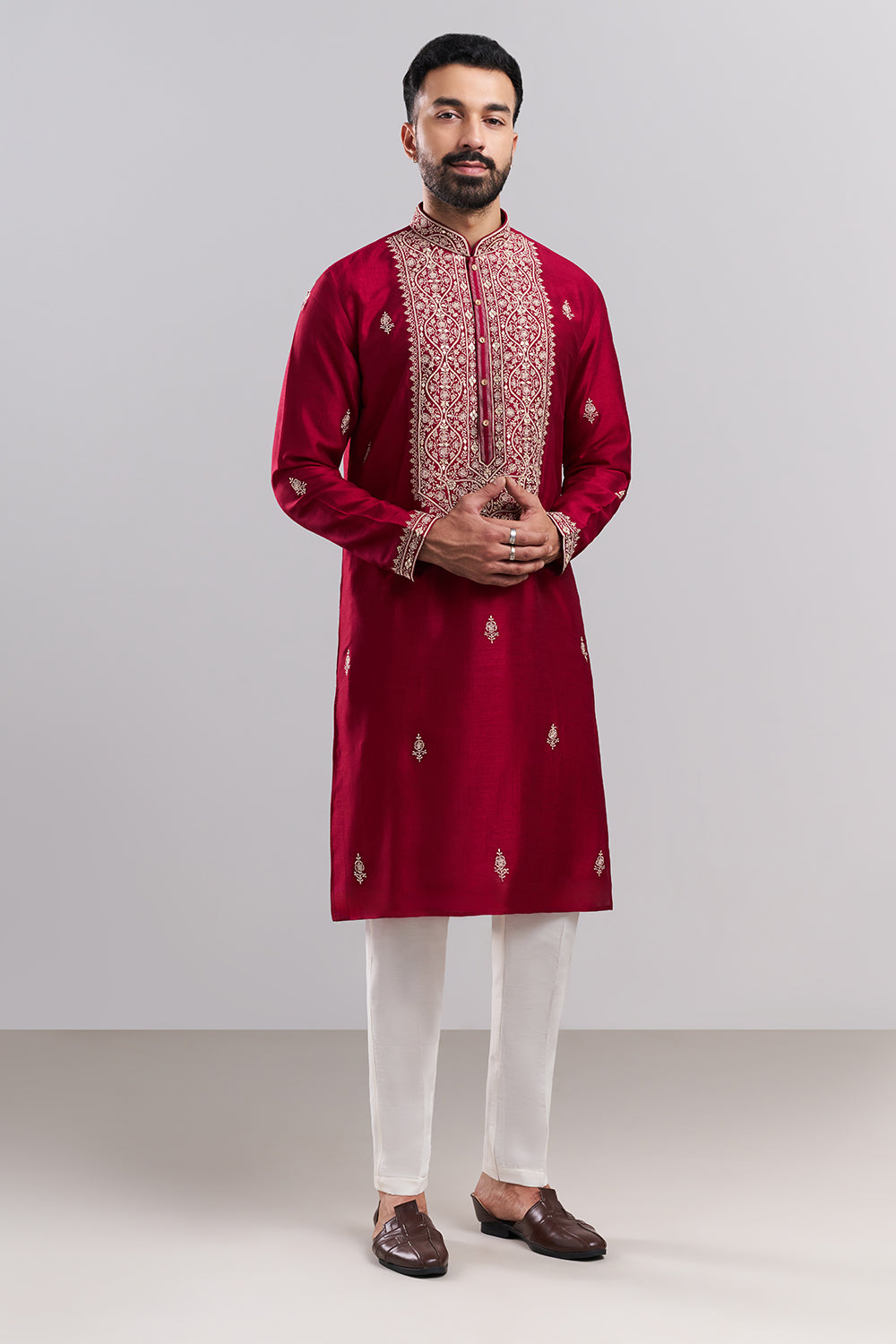 Crimson Red Art Silk Men's Kurta Set with Ornate Front Panel