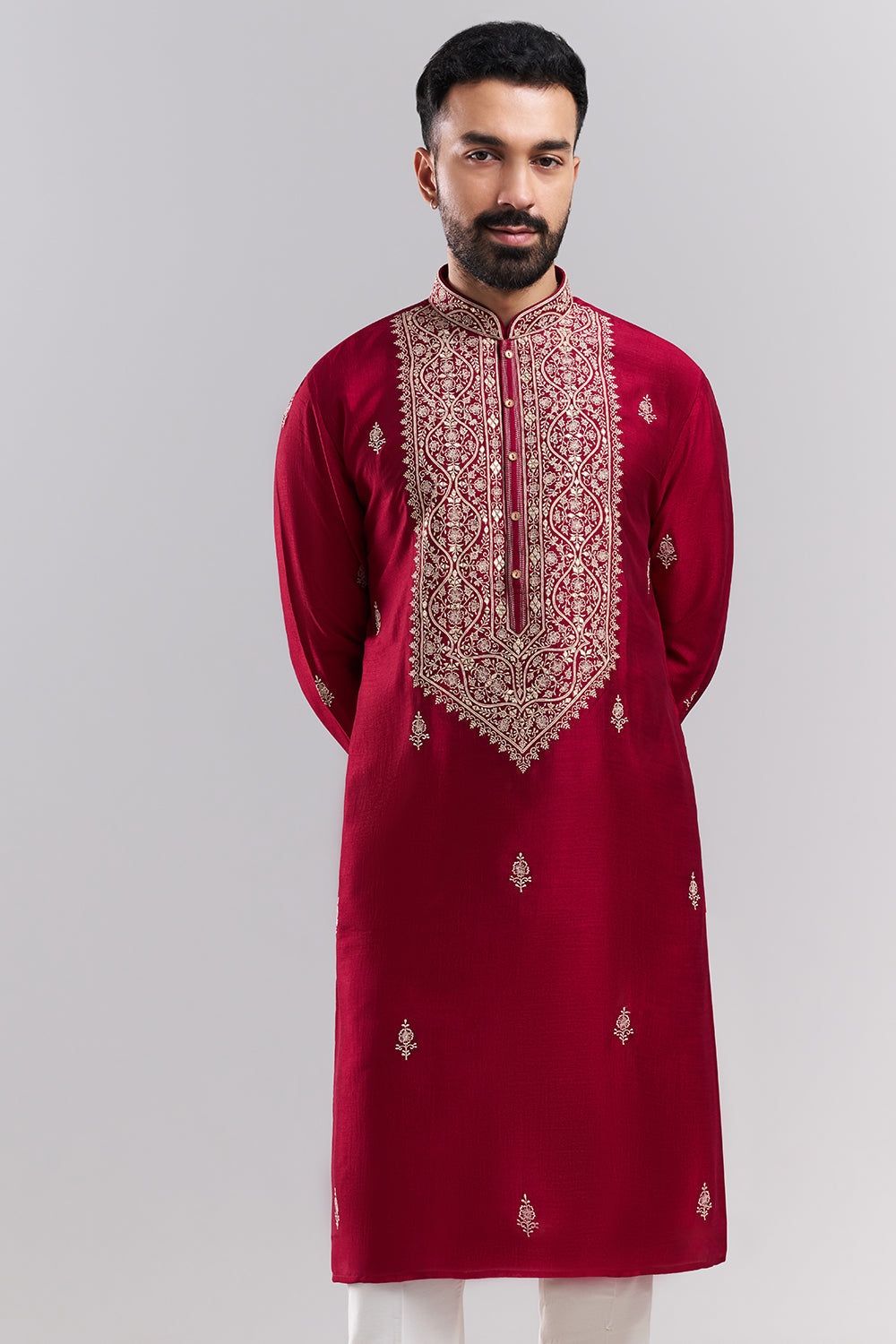 Crimson Red Art Silk Men's Kurta Set with Ornate Front Panel