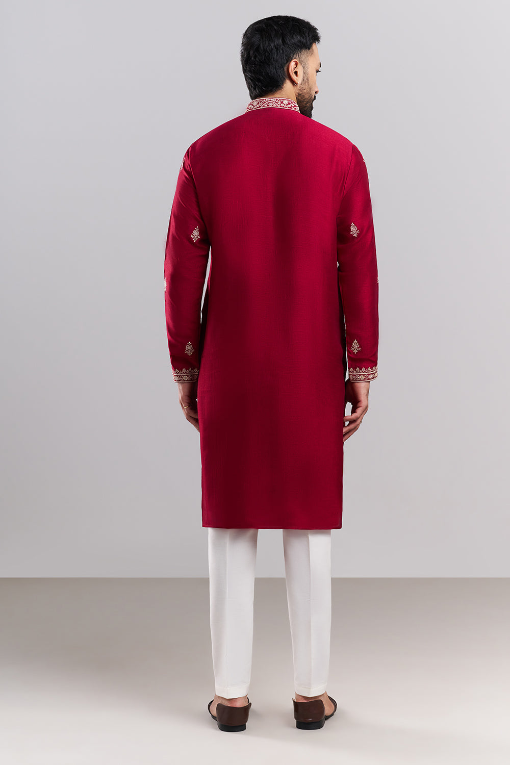 Crimson Red Art Silk Men's Kurta Set with Ornate Front Panel