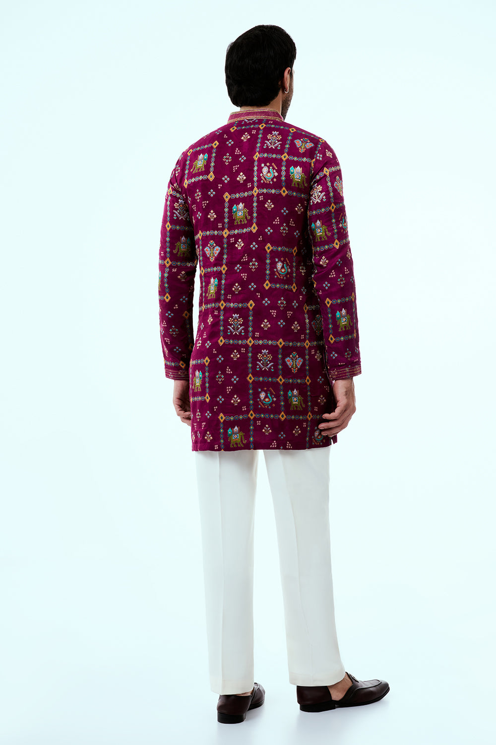 Magenta Art Silk Patola Design Mens Kurta Set