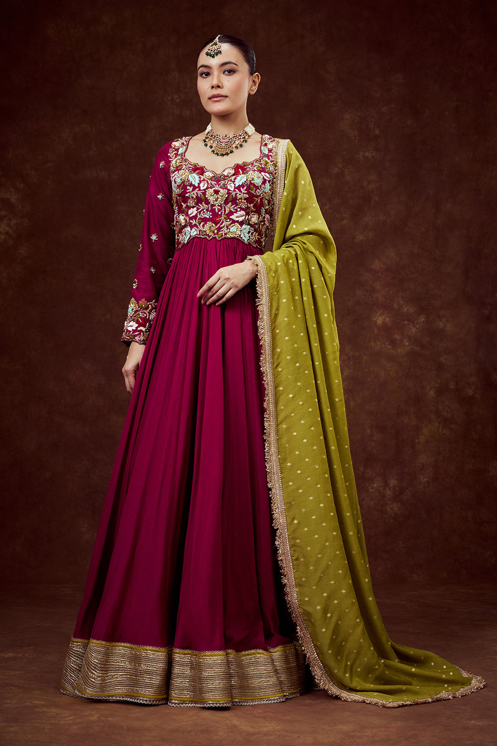 Magenta Chanderi Anarkali Style Gown with Mul Chanderi Dupatta