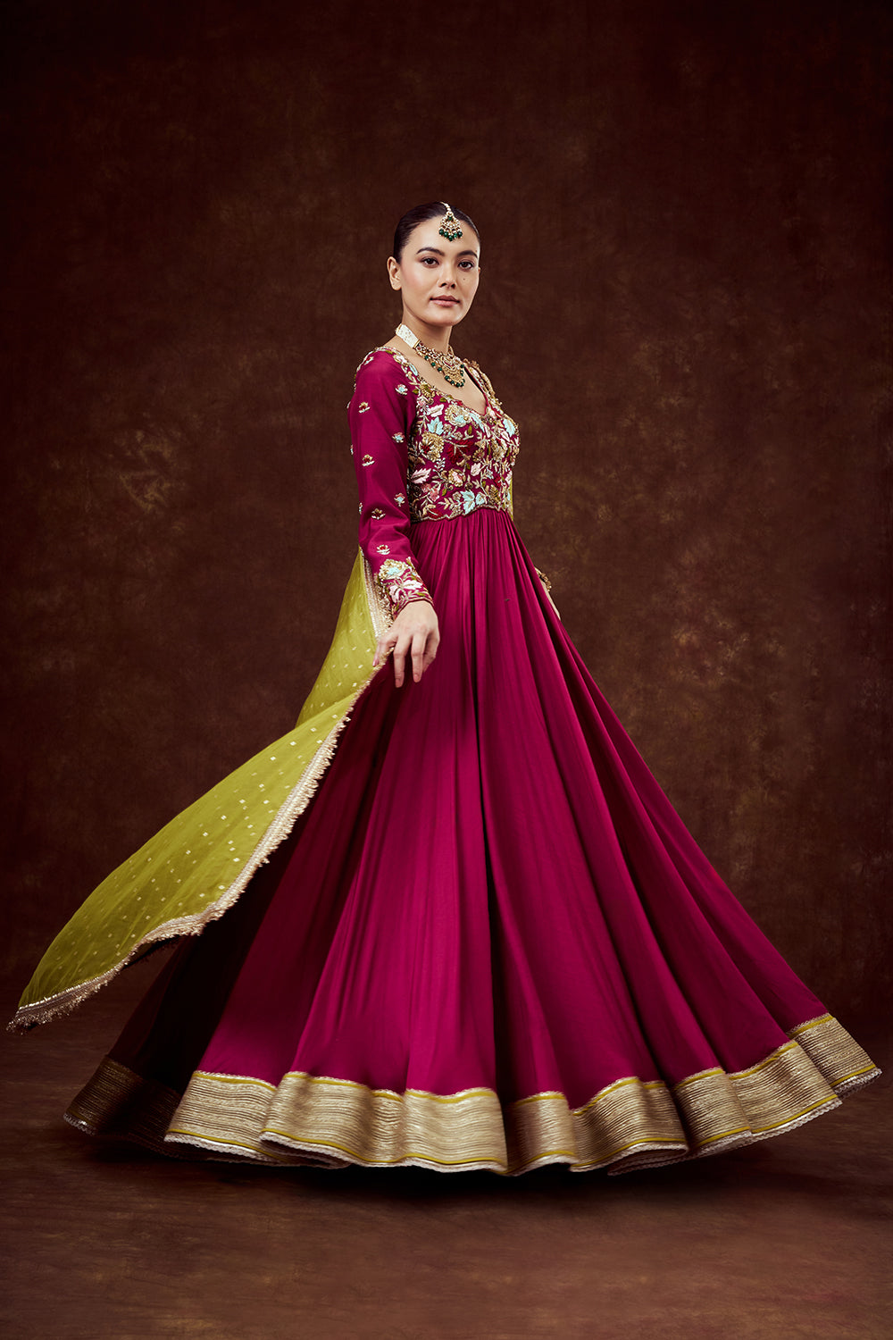 Magenta Chanderi Anarkali Style Gown with Mul Chanderi Dupatta