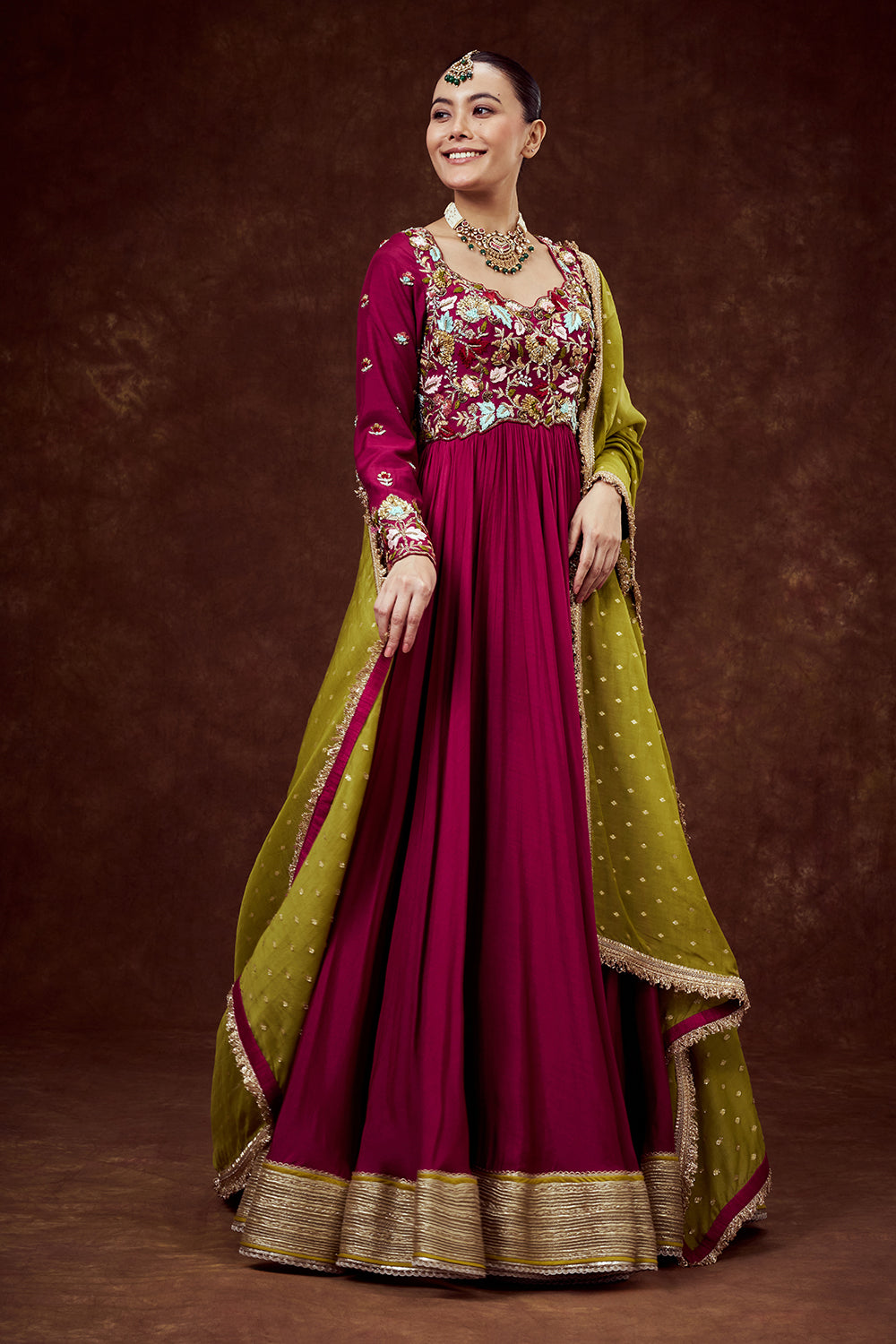 Magenta Chanderi Anarkali Style Gown with Mul Chanderi Dupatta