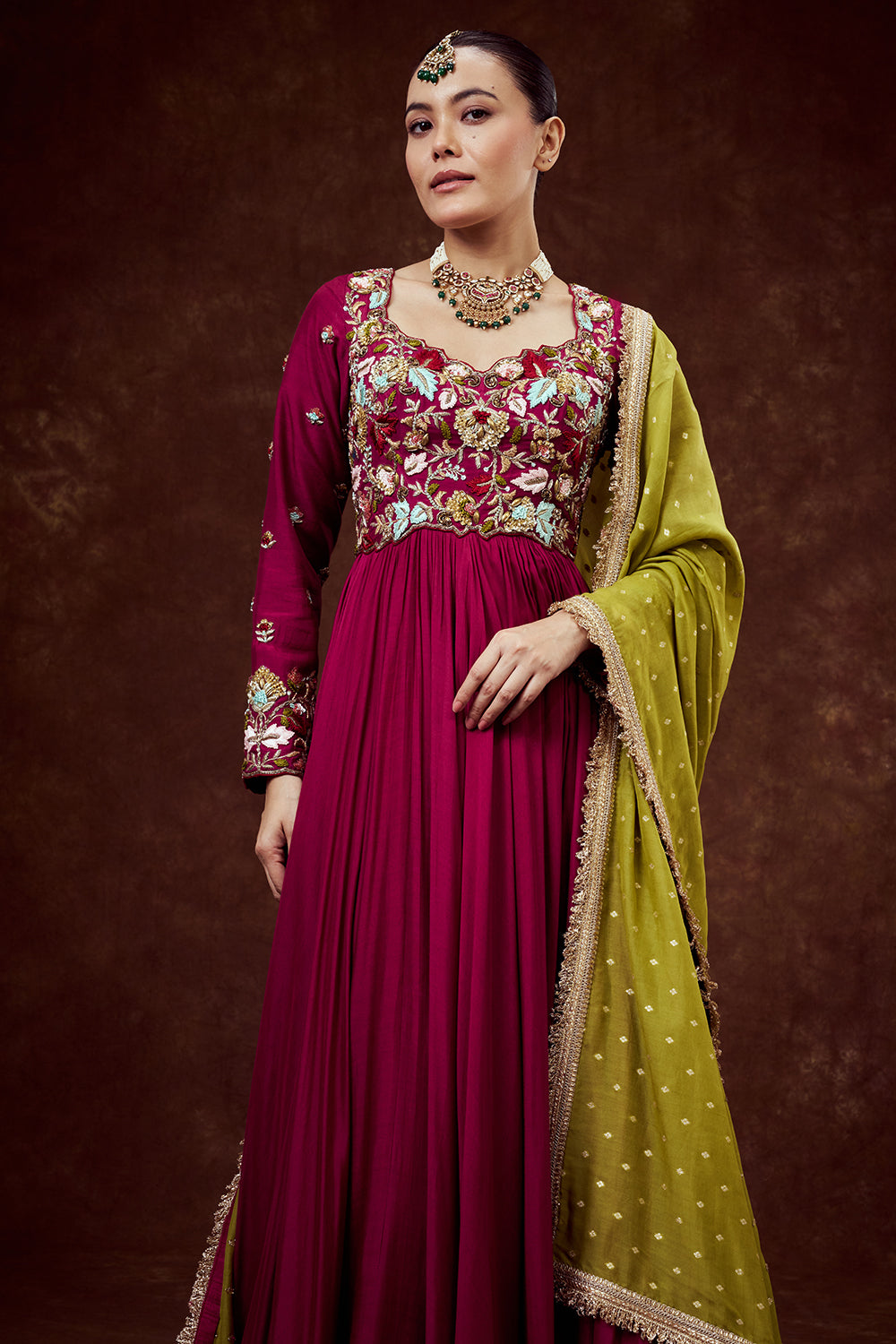 Magenta Chanderi Anarkali Style Gown with Mul Chanderi Dupatta