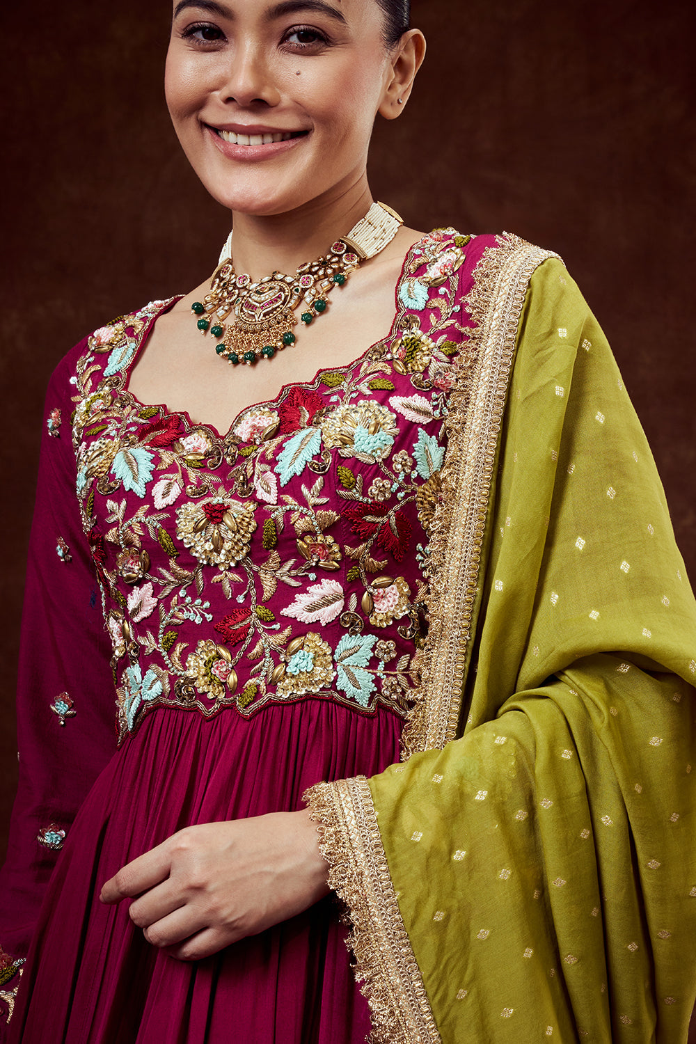 Magenta Chanderi Anarkali Style Gown with Mul Chanderi Dupatta