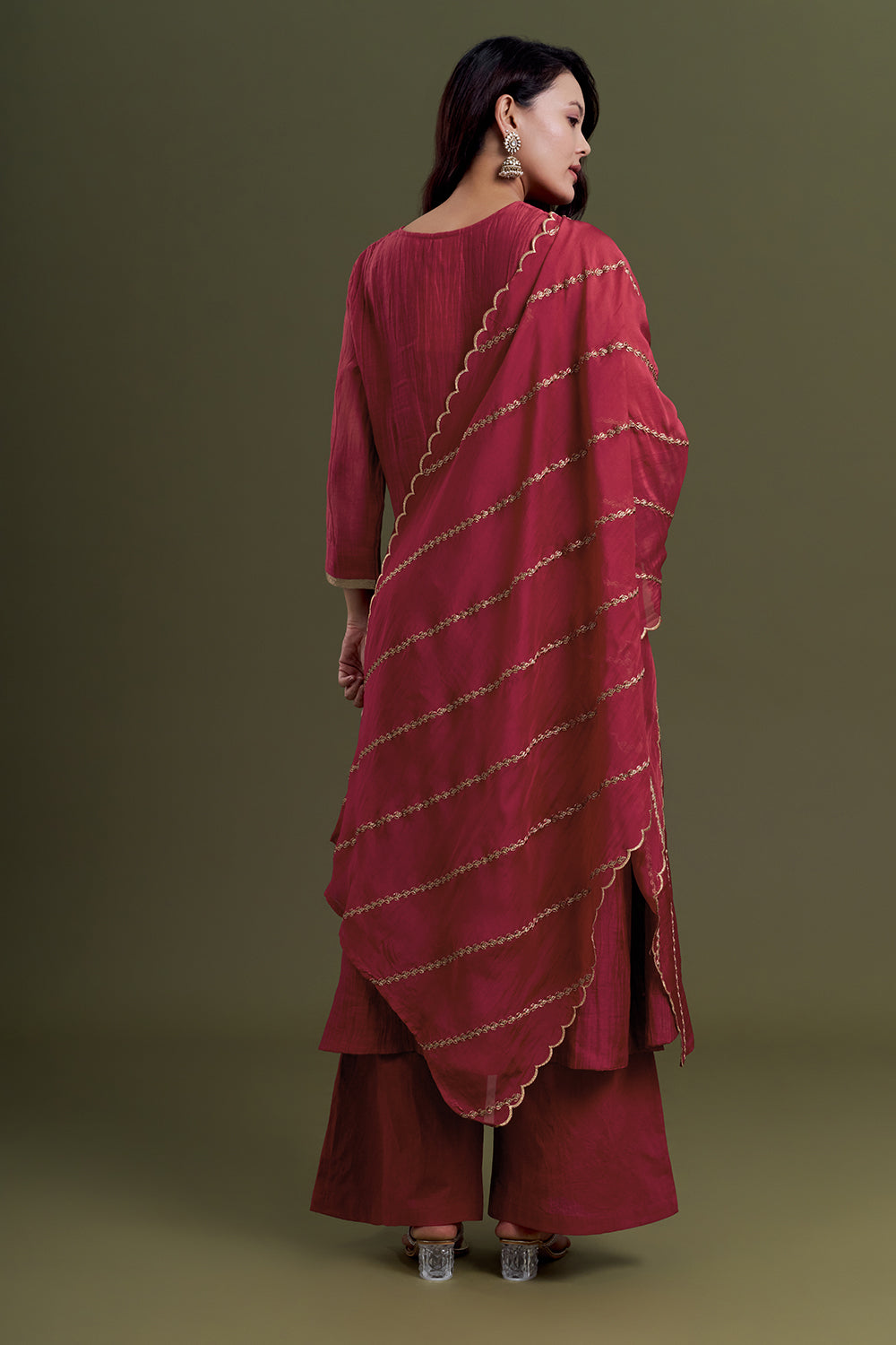 Raspberry Red Chanderi Silk Kurta Set with Resham Embroidered Work