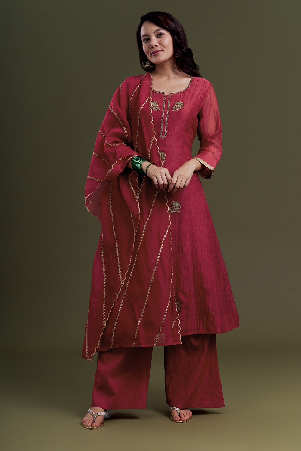 Raspberry Red Chanderi Silk Kurta Set with Resham Embroidered Work
