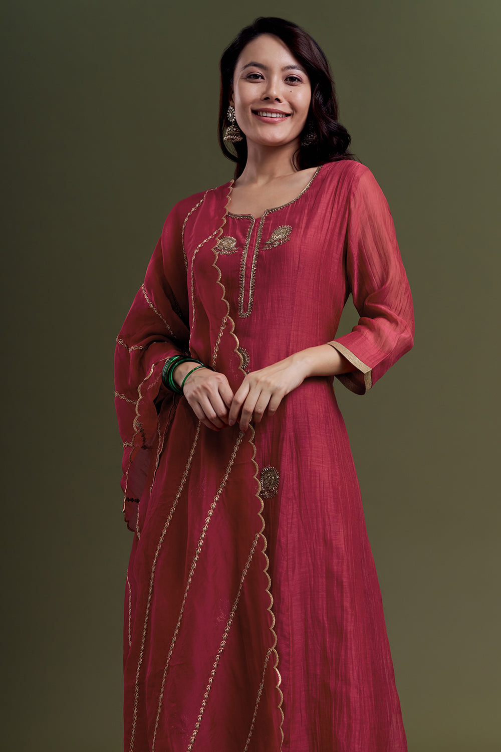 Raspberry Red Chanderi Silk Kurta Set with Resham Embroidered Work