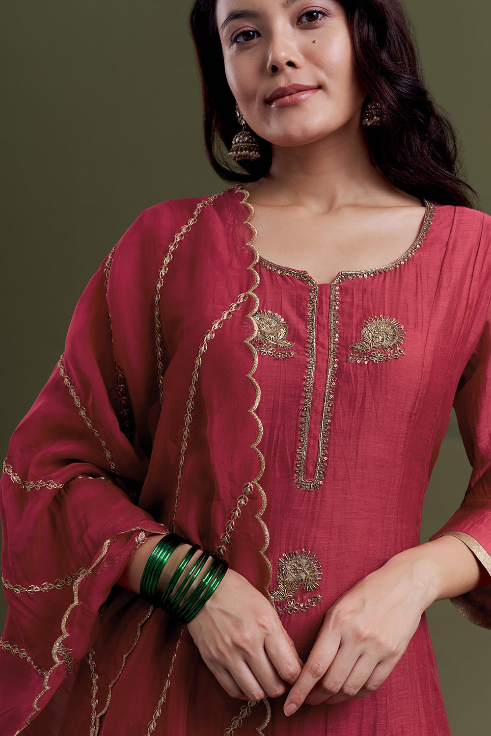 Raspberry Red Chanderi Silk Kurta Set with Resham Embroidered Work