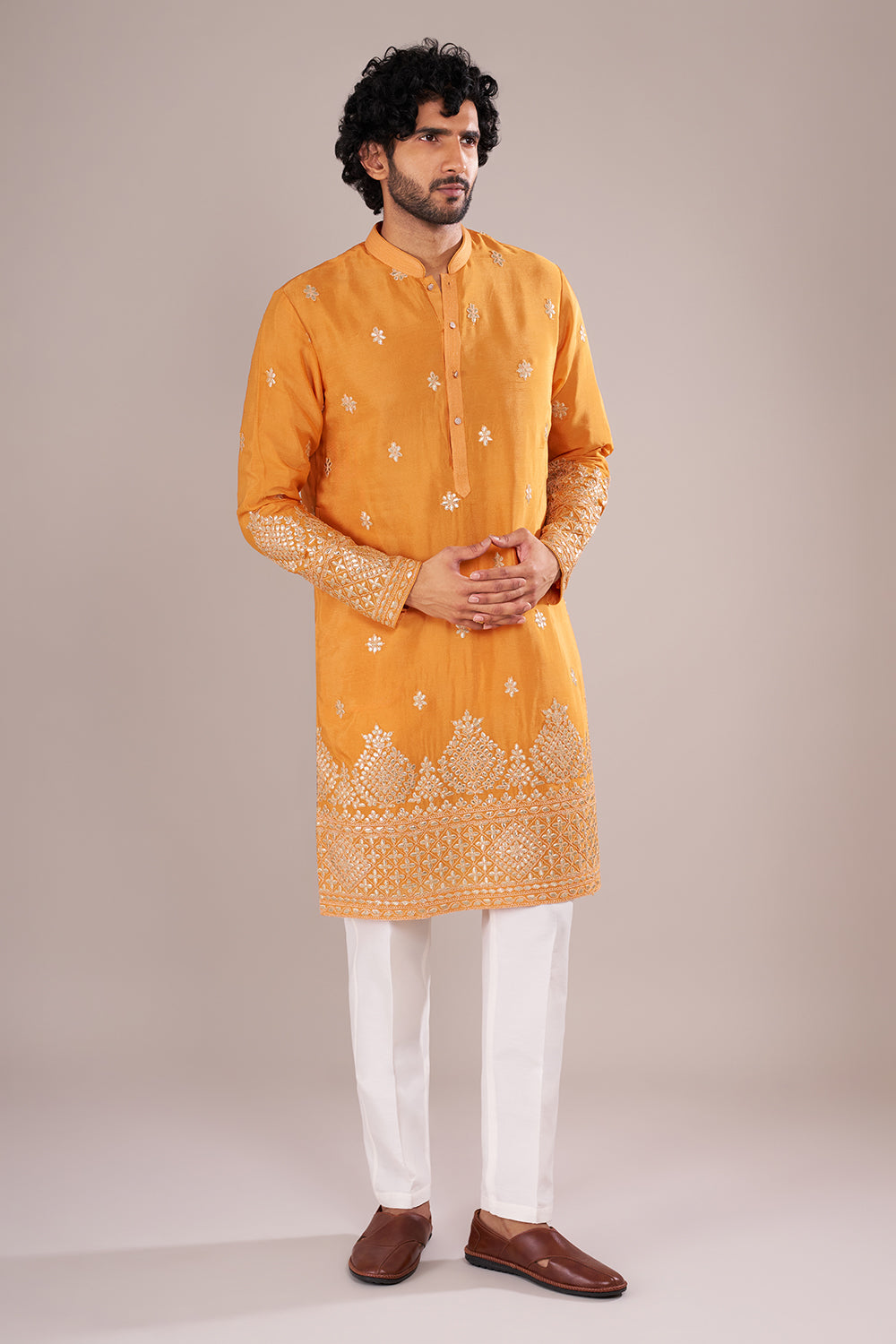 Marigold Yellow Cotton Silk Men's Kurta Set with Ivory Colored Embroidery
