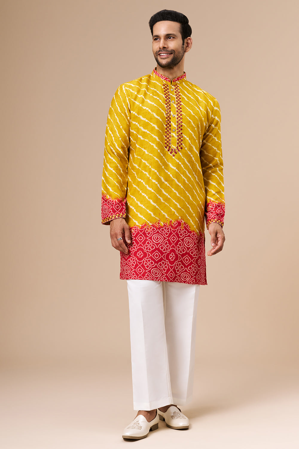 Marigold Yellow Shaded Cotton Silk Mens Kurta Set with Lehariya Print and Abla Work