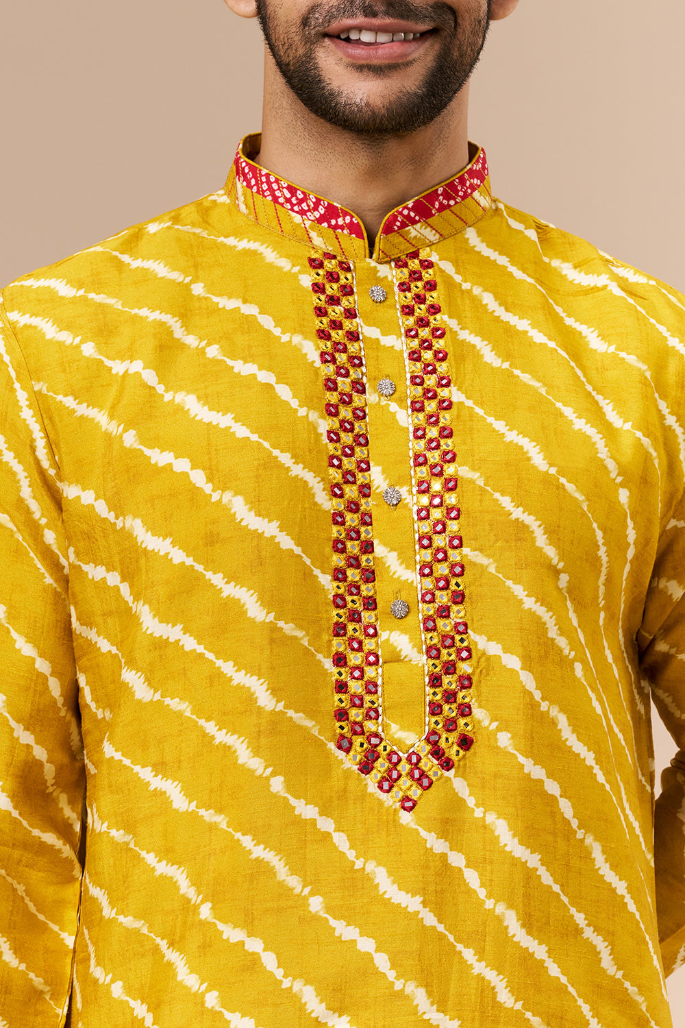 Marigold Yellow Shaded Cotton Silk Mens Kurta Set with Lehariya Print and Abla Work