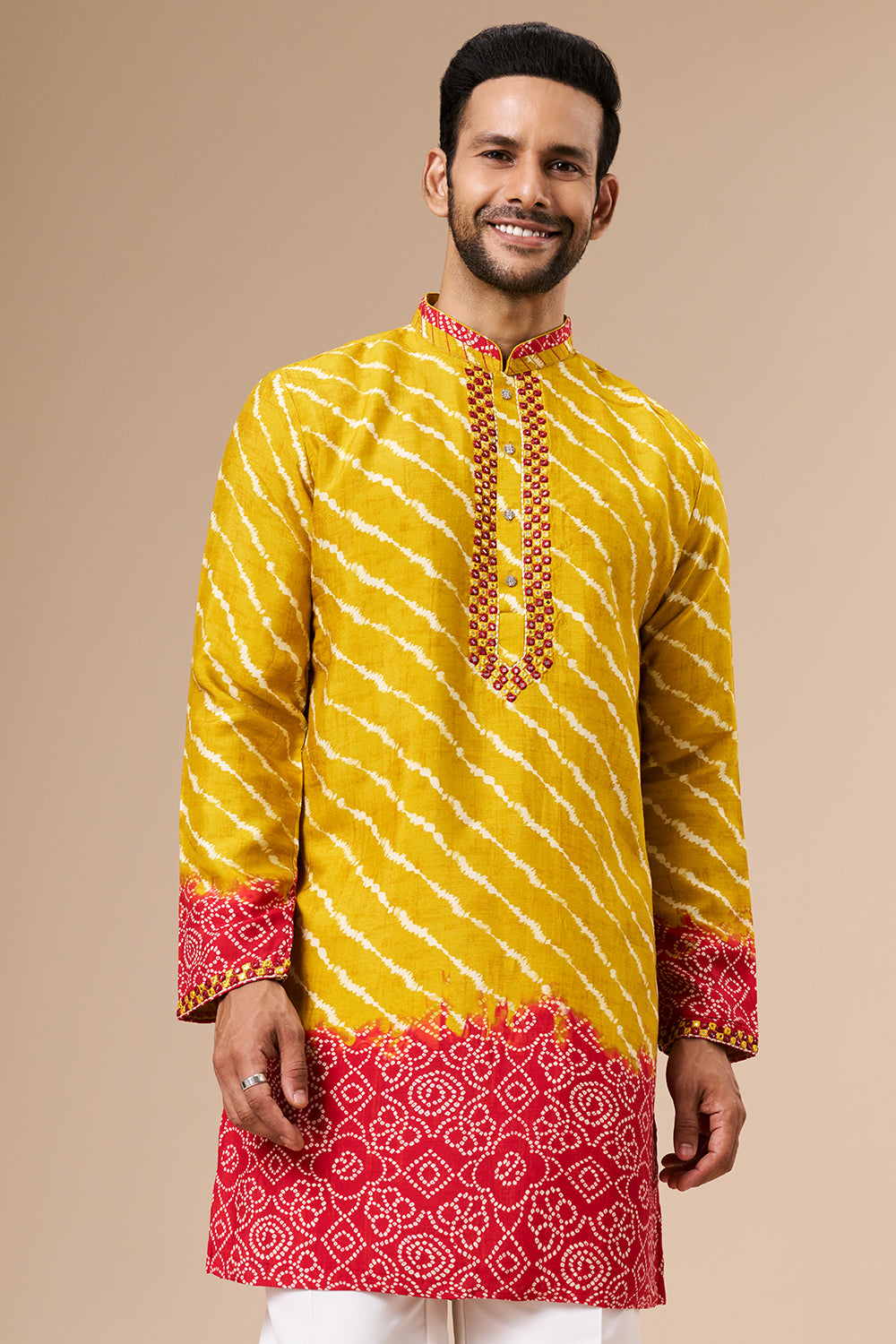 Marigold Yellow Shaded Cotton Silk Mens Kurta Set with Lehariya Print and Abla Work