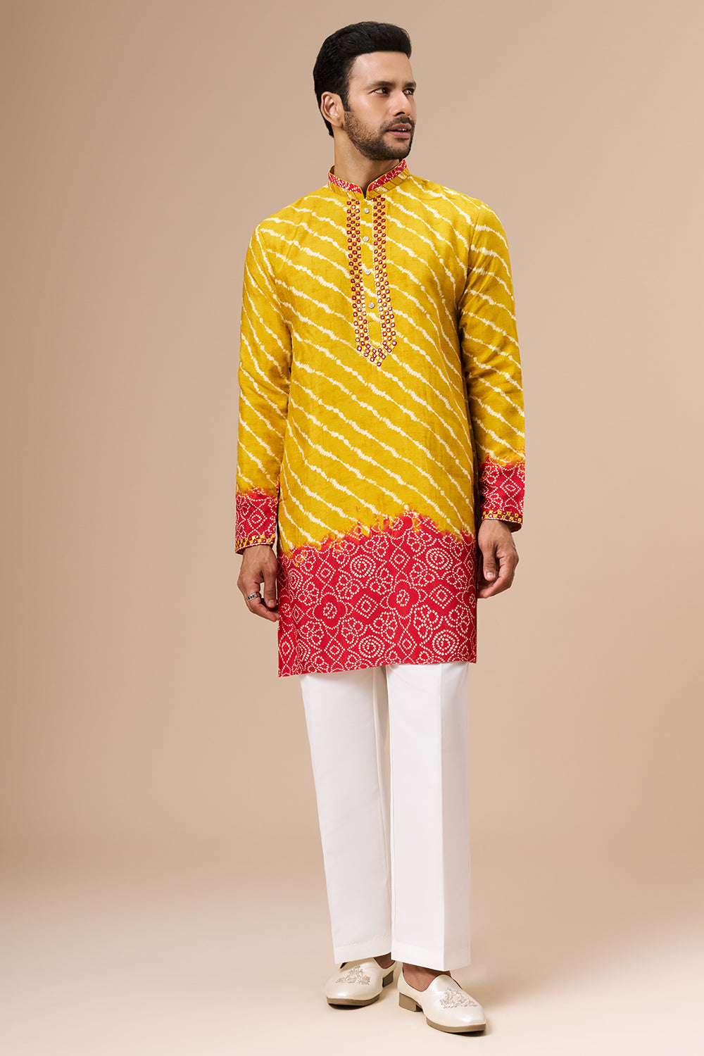 Marigold Yellow Shaded Cotton Silk Mens Kurta Set with Lehariya Print and Abla Work