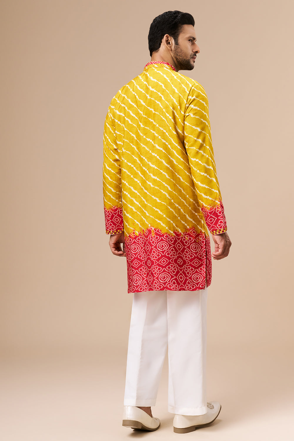 Marigold Yellow Shaded Cotton Silk Mens Kurta Set with Lehariya Print and Abla Work