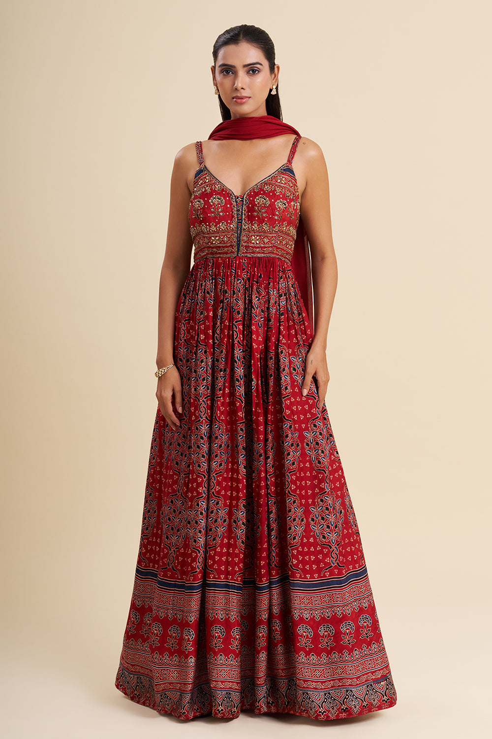Maroon Cotton Anarkali Set with Ajrakh Work