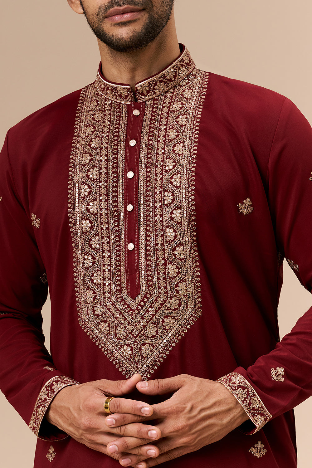 Maroon Georgette Mens Kurta Set with Zari and Sequin Work