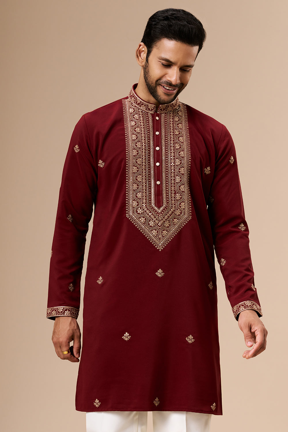Maroon Georgette Mens Kurta Set with Zari and Sequin Work