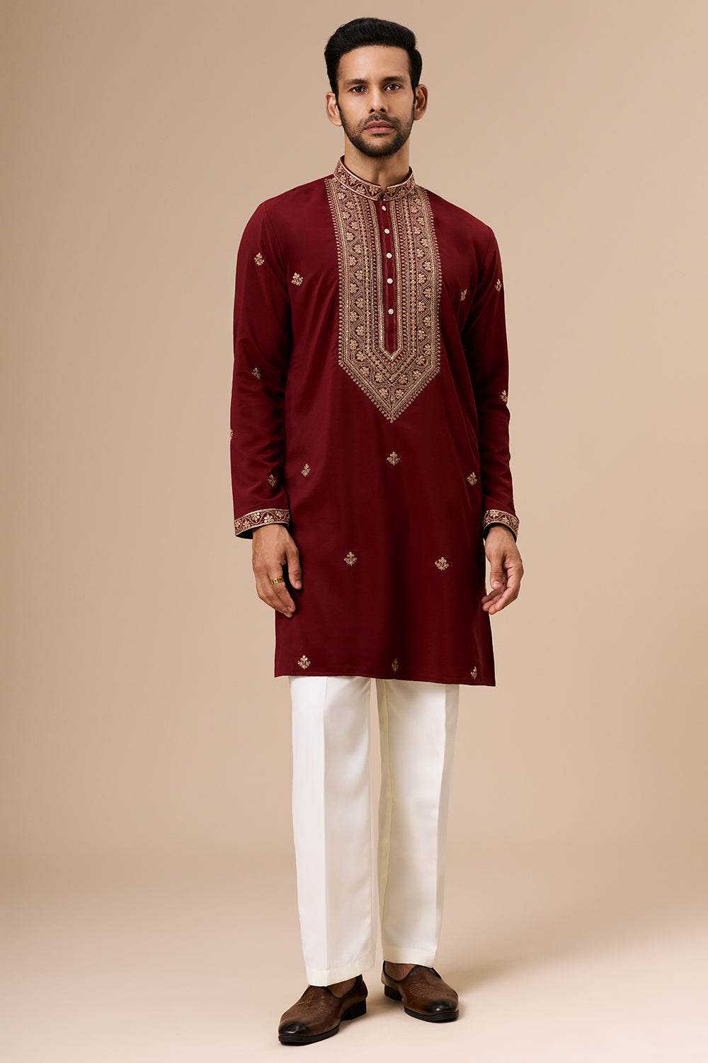 Maroon Georgette Mens Kurta Set with Zari and Sequin Work