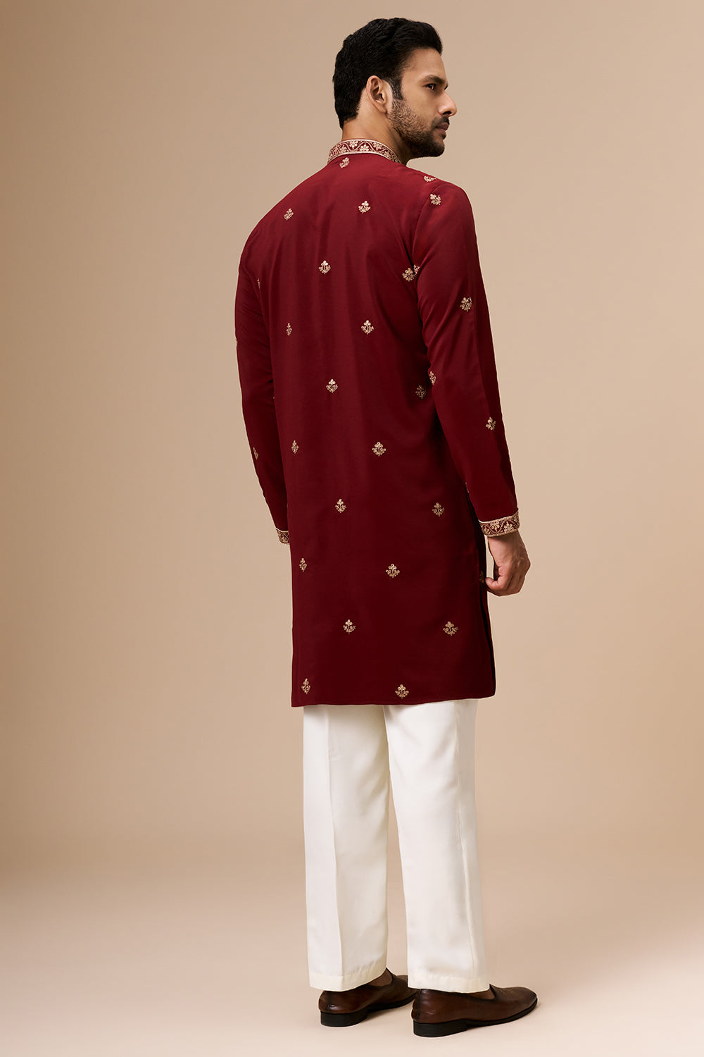 Maroon Georgette Mens Kurta Set with Zari and Sequin Work