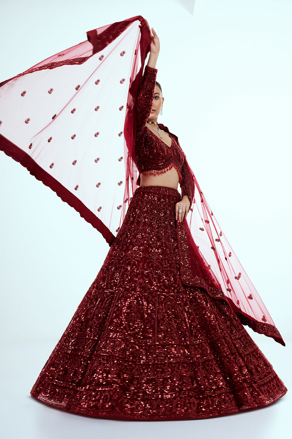 Maroon Net Lehenga with Sequins and Cutdana Hand Work