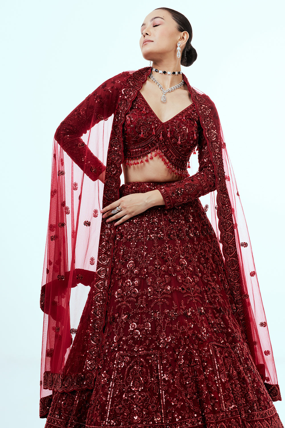 Maroon Net Lehenga with Sequins and Cutdana Hand Work