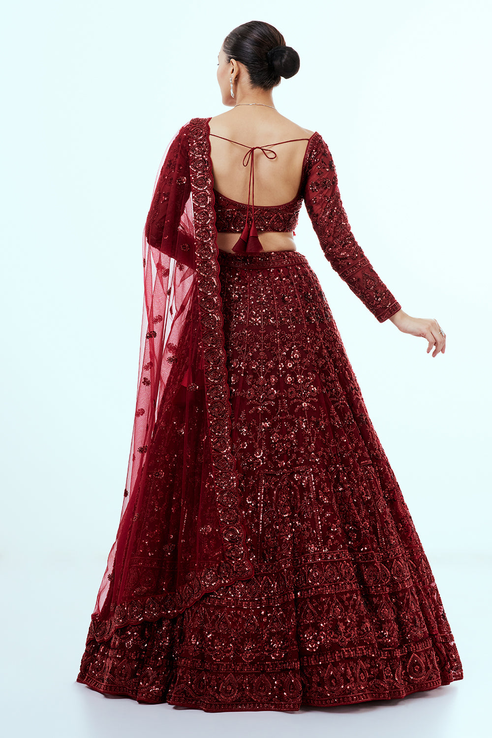 Maroon Net Lehenga with Sequins and Cutdana Hand Work