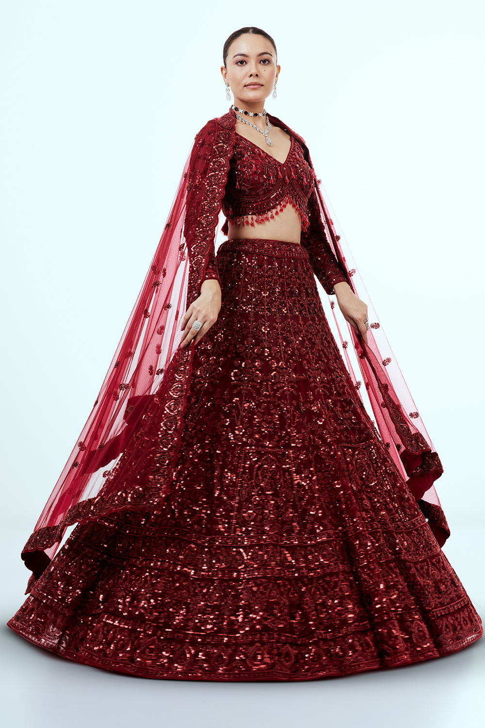 Maroon Net Lehenga with Sequins and Cutdana Hand Work