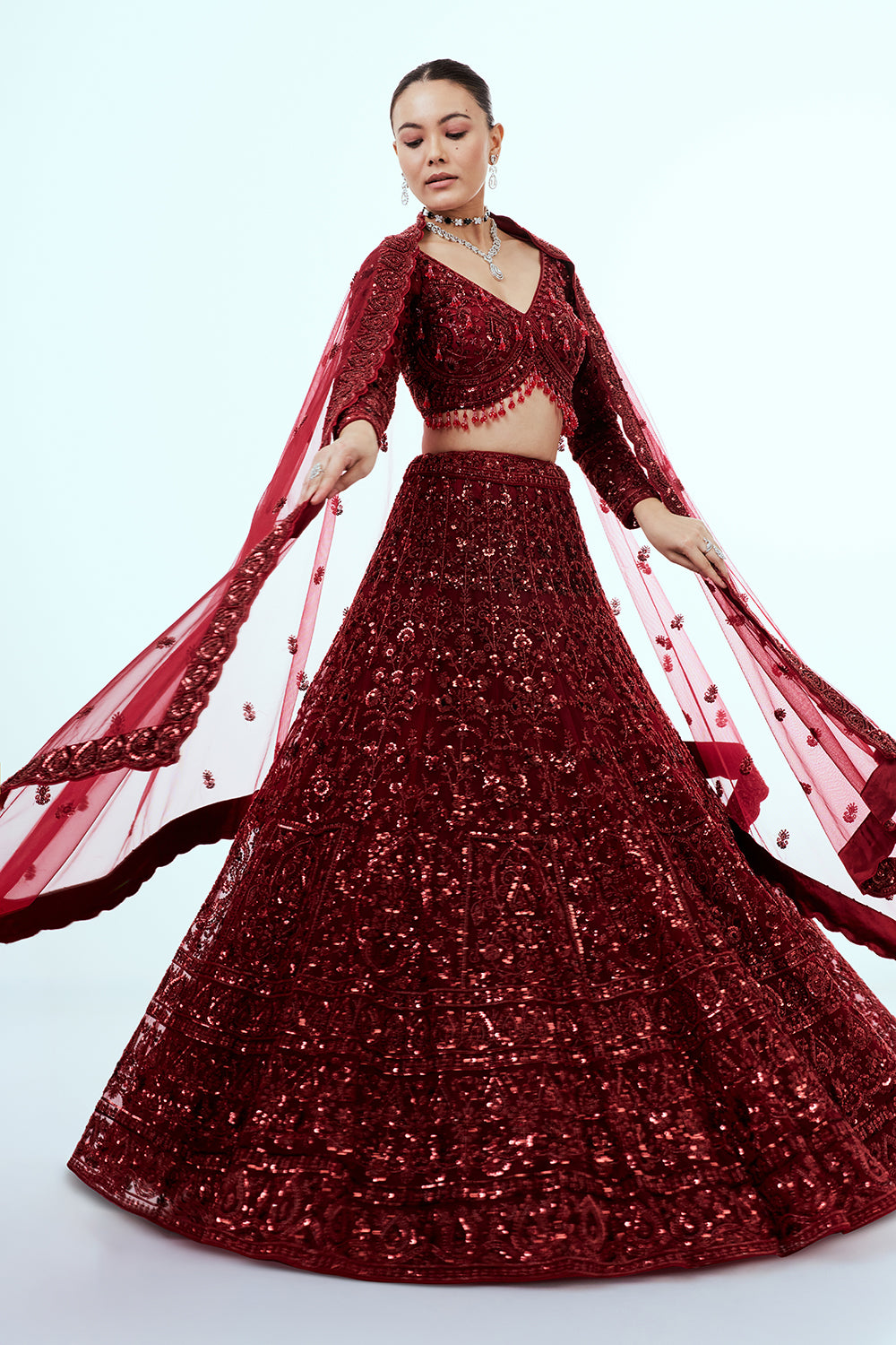 Maroon Net Lehenga with Sequins and Cutdana Hand Work