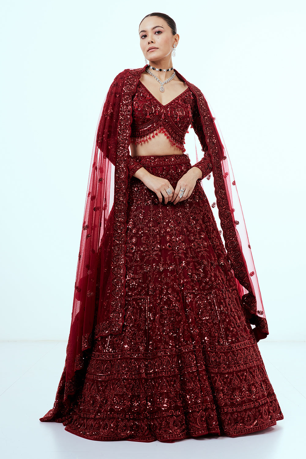 Maroon Net Lehenga with Sequins and Cutdana Hand Work